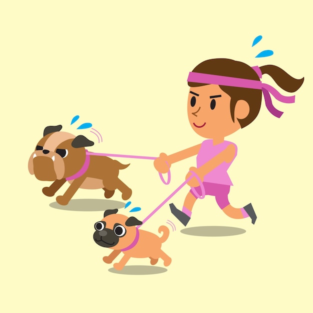 Mujer de dibujos animados corriendo con sus perros