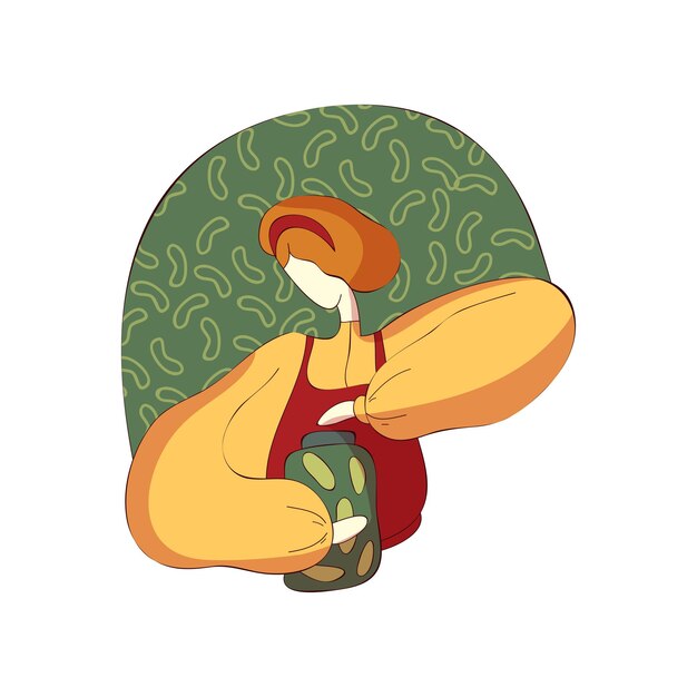 Mujer de dibujos animados en delantal con frascos de pepinos encurtidos concepto de cocina sabrosa comida casera vector ilustración plana