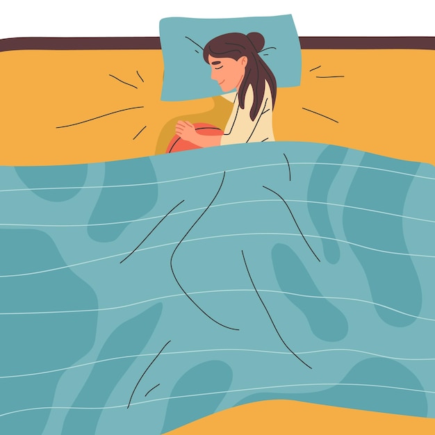 Mujer de dibujos animados dormir en la cama Joven descansando personaje femenino hora de acostarse acogedora escena plana vector ilustración aislada sobre fondo blanco
