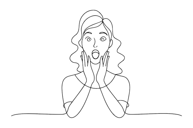 mujer de dibujos animados con una expresión sorprendida sostiene sus manos a su cara transmitiendo conmoción