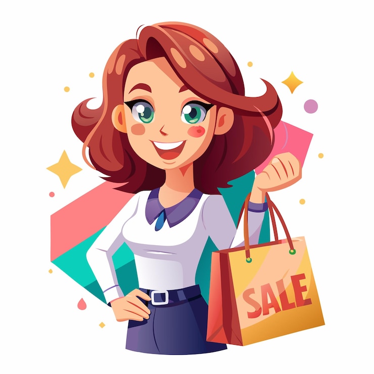 Vector mujer de dibujos animados feliz sosteniendo una bolsa de compras con un letrero de venta