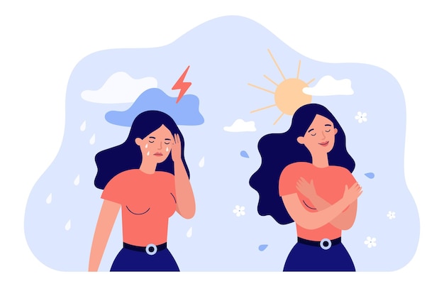 Vector mujer de dibujos animados en ilustración plana de mal y buen humor