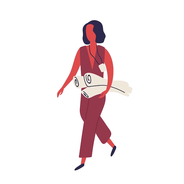 Vector mujer de dibujos animados con insignia con ilustración plana de vector de rollo de papel. empleado corporativo femenino elegante del negocio con el documento que lleva del pase aislado en blanco. carácter de ingeniero profesional.