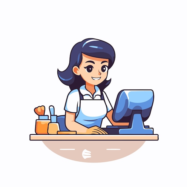 Mujer de dibujos animados linda trabajando en la computadora Ilustración vectorial en un estilo plano