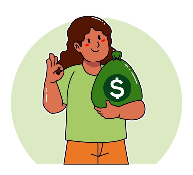 Vector mujer de dibujos animados llevando un saco de dinero