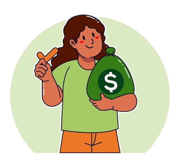 Vector mujer de dibujos animados llevando un saco de dinero