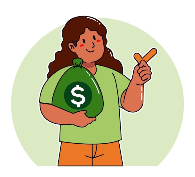 Vector mujer de dibujos animados llevando un saco de dinero