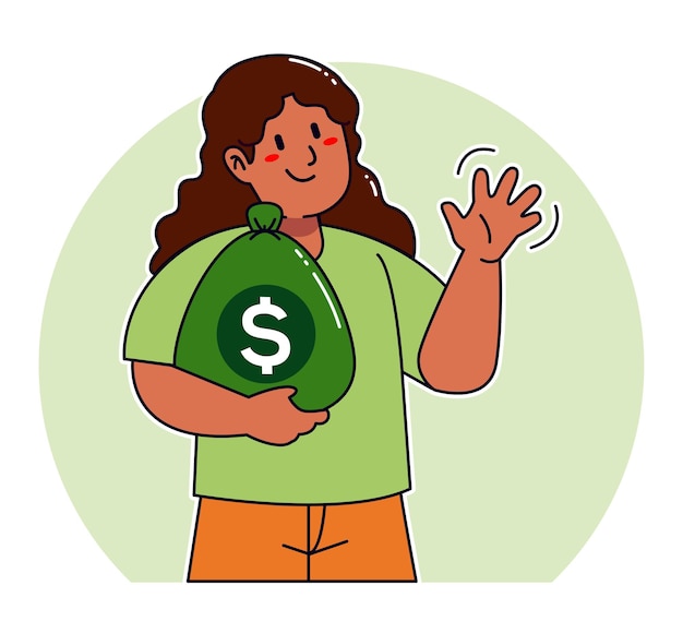 Vector mujer de dibujos animados llevando un saco de dinero
