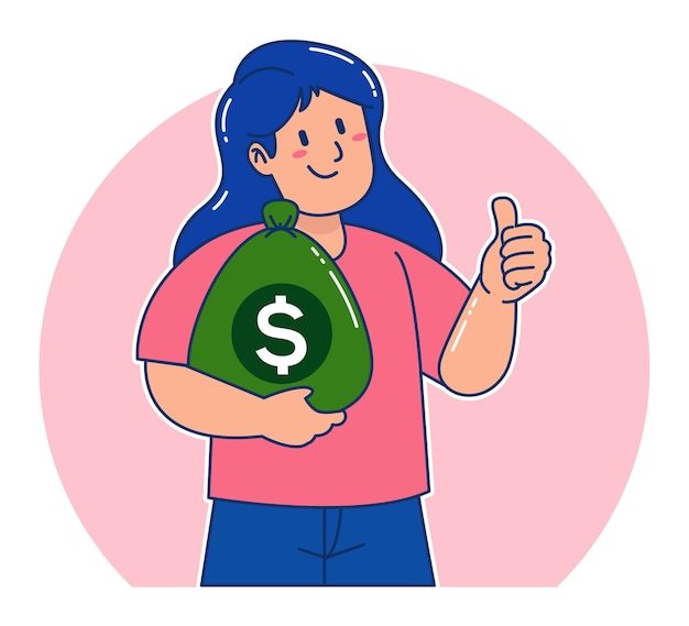 Vector mujer de dibujos animados llevando un saco de dinero