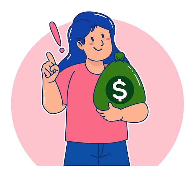 Vector mujer de dibujos animados llevando un saco de dinero