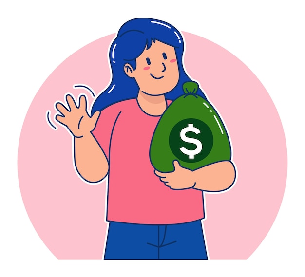 Mujer de dibujos animados llevando un saco de dinero
