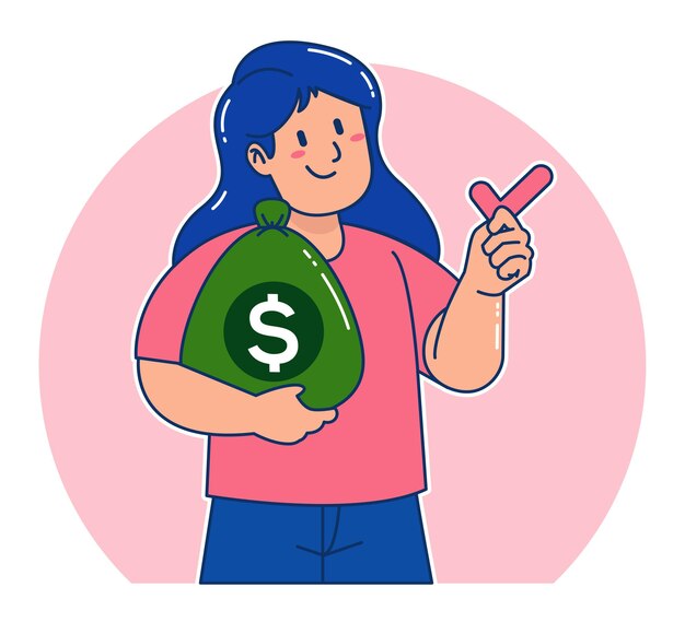 Vector mujer de dibujos animados llevando un saco de dinero