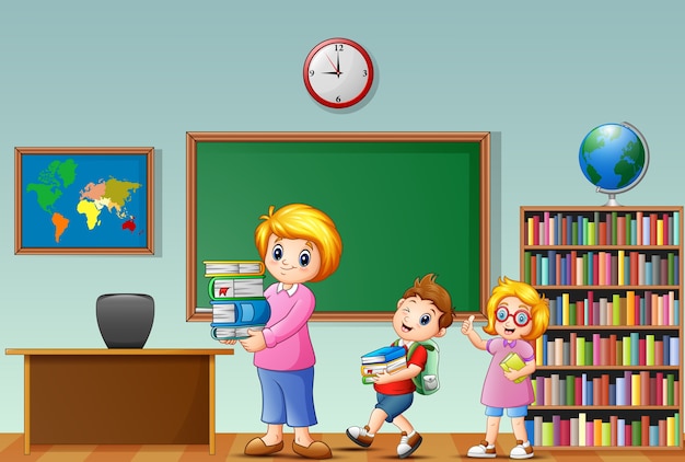 Mujer de dibujos animados con niños de la escuela en un aula