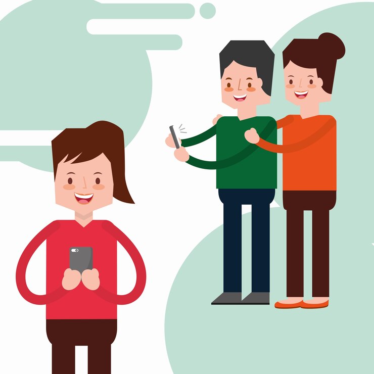 Vector mujer de dibujos animados y pareja con teléfono inteligente