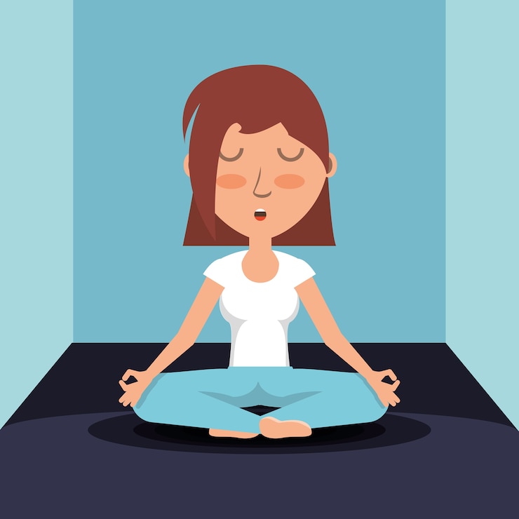 Vector mujer de dibujos animados practicando yoga en un icono de pose de loto