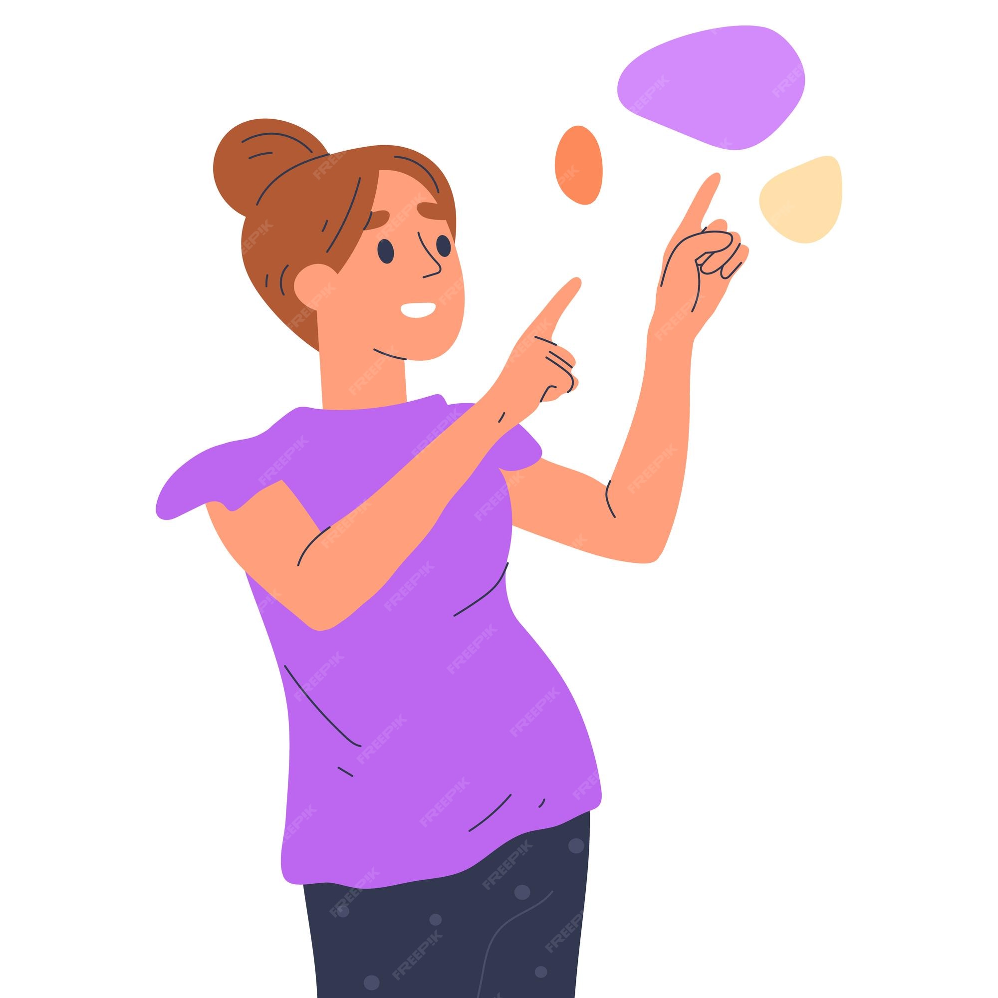 Mujer de dibujos animados señalando con los dedos índices personaje  femenino que muestra la introducción y señala algo ilustración vectorial  plana aislada sobre fondo blanco | Vector Premium