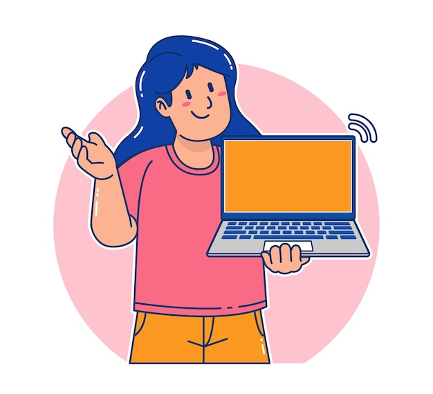 Mujer de dibujos animados sosteniendo una computadora portátil