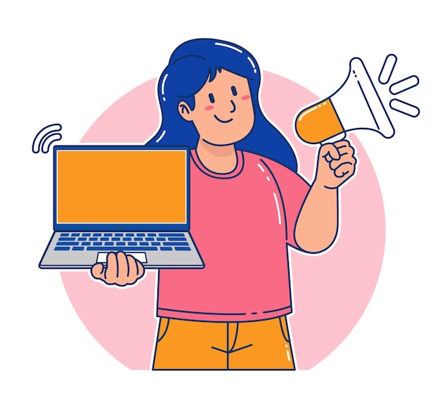Mujer de dibujos animados sosteniendo una computadora portátil