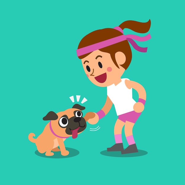 Vector mujer de dibujos animados con su perro pug