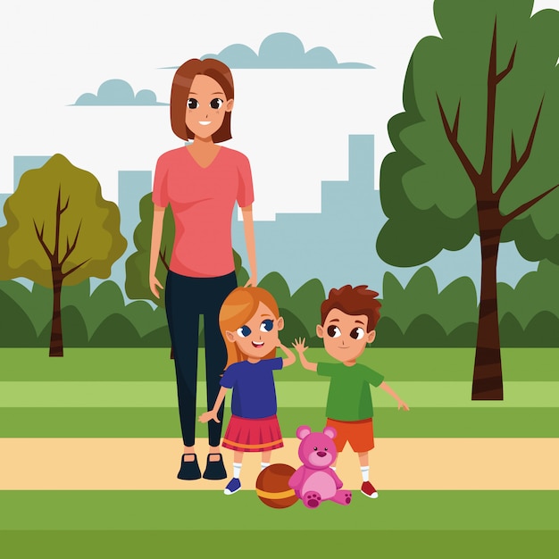 Mujer de dibujos animados con sus hijos | Vector Premium