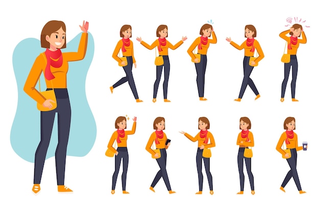 Mujer de dibujos animados en traje casual Joven personaje femenino en diferentes posturas y varios gestos Niña estudiante con un teléfono inteligente llevando una bolsa de hombro Vector de expresión facial conjunto de estilo plano