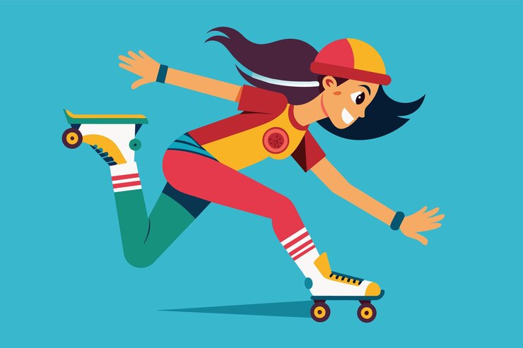 Vector una mujer de dibujos animados en trajes coloridos está patinando con ruedas lleva una camisa roja amarilla y verde pantalones sombrero y patines blancos con largo cabello oscuro y una gran sonrisa