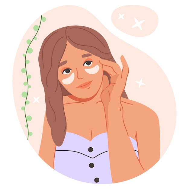 Vector la mujer de dibujos animados usa parches para los ojos, belleza, cuidado de la piel, rutina, ilustración vectorial plana sobre fondo blanco.