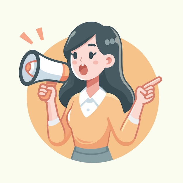 Mujer de dibujos animados vectoriales gritando anunciando algo