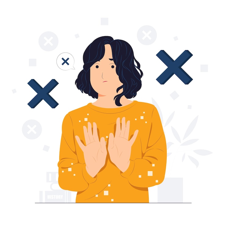 Vector la mujer dice que no y hace un gesto de parada que prohíbe algo y expresa su desacuerdo lenguaje corporal no significa que no hay ilustración del concepto
