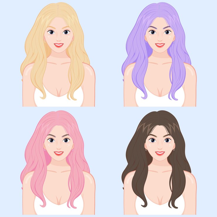 mujer, con, diferente, color de pelo, largo, rizado, pelo, estilo, belleza, mujer, con, largo, lacio, pelo, sonriente