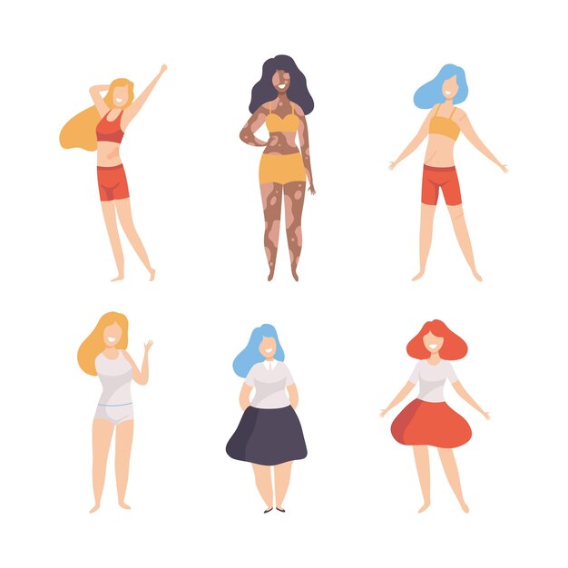 Mujer con diferente tipo de figura y estatura como conjunto de vectores de cuerpo positivo y auto-aceptación