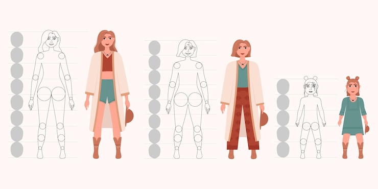 Vector mujer de diferentes etapas de la vida niño adulto y persona mayor traje de moda estilo boho