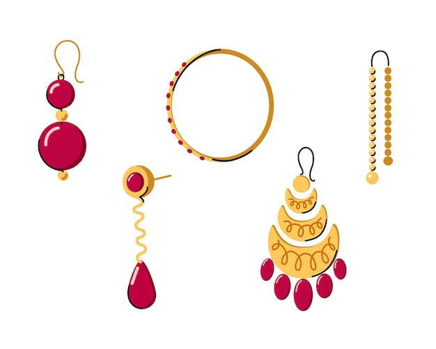 Mujer diferentes tipos de aretes colección joyas de oro con gemas rojas concepto de joyería hecha a mano