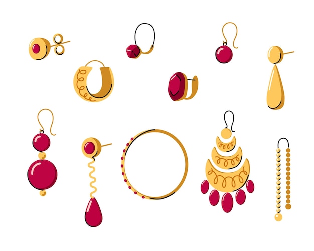 Vector mujer diferentes tipos de aretes colección joyas de oro con gemas rojas concepto de joyería hecha a mano