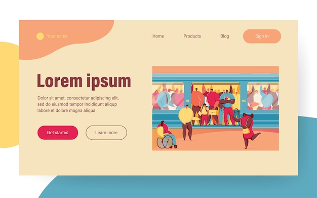 Mujer discapacitada apretando en tren abarrotado. Multitud de personas en la ilustración de vector plano de metro. Superpoblación, hora punta, concepto de transporte público para banner, diseño de sitios web o página web de destino