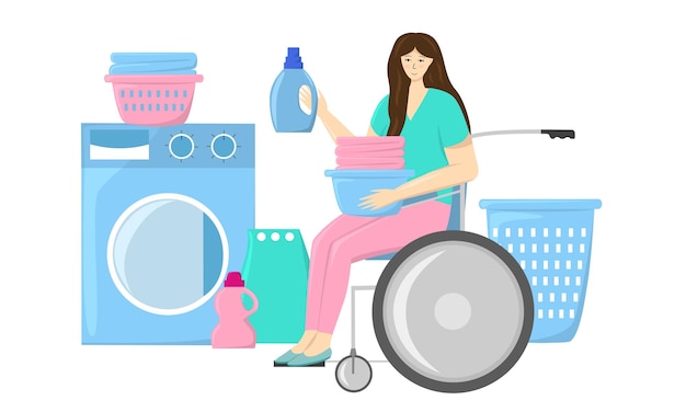 Mujer discapacitada en silla de ruedas lavando ilustración vectorial