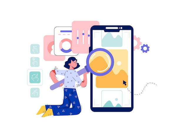 Una mujer diseña UI UX ilustración vectorial plana dibujada a mano