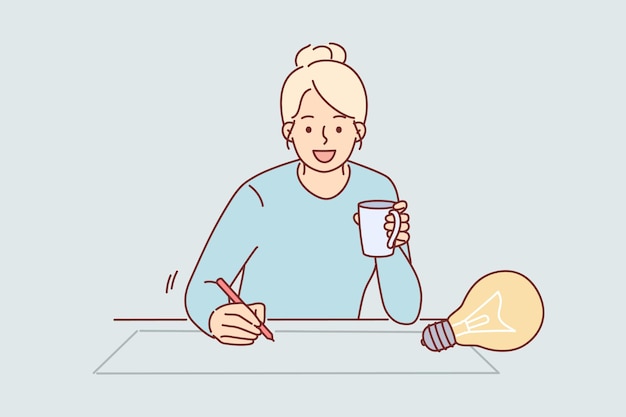 Vector mujer diseñadora dibuja una idea para un proyecto arquitectónico en papel sentada en una mesa con una taza de café