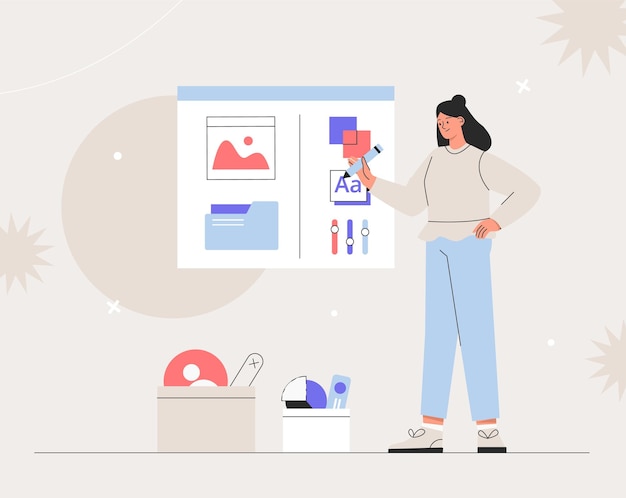 Mujer diseñando nuevos productos o mejorando los existentes. Lluvia de ideas empresarial, concepto de diseño UI UX de creación de una aplicación. Ilustración de vector de estilo plano.