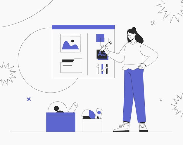 Mujer diseñando nuevos productos o mejorando los existentes. Lluvia de ideas empresarial, concepto de diseño UI UX de creación de una aplicación. Ilustración de vector de estilo plano.