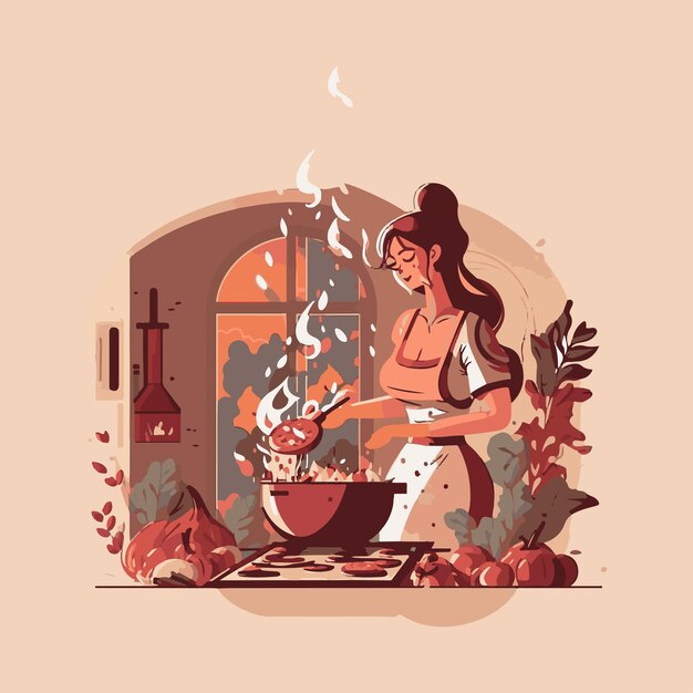 Mujer de diseño plano vectorial cocinando en la cocina