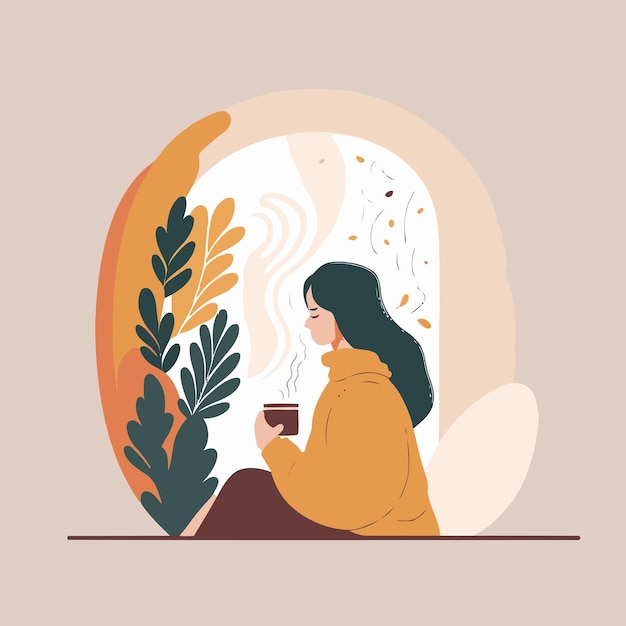 La mujer disfruta de una taza de café o té Hygge concepto vector ilustración plana