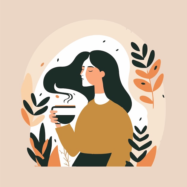 La mujer disfruta de una taza de café o té hygge concepto vector ilustración plana