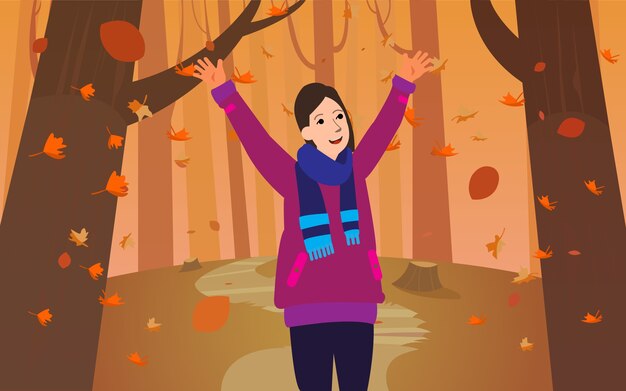 Una mujer disfruta de la temporada de otoño en medio de bosques o parques