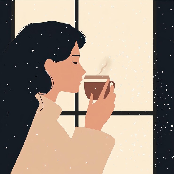 Una mujer disfrutando de una bebida caliente junto a la ventana en un día nevado