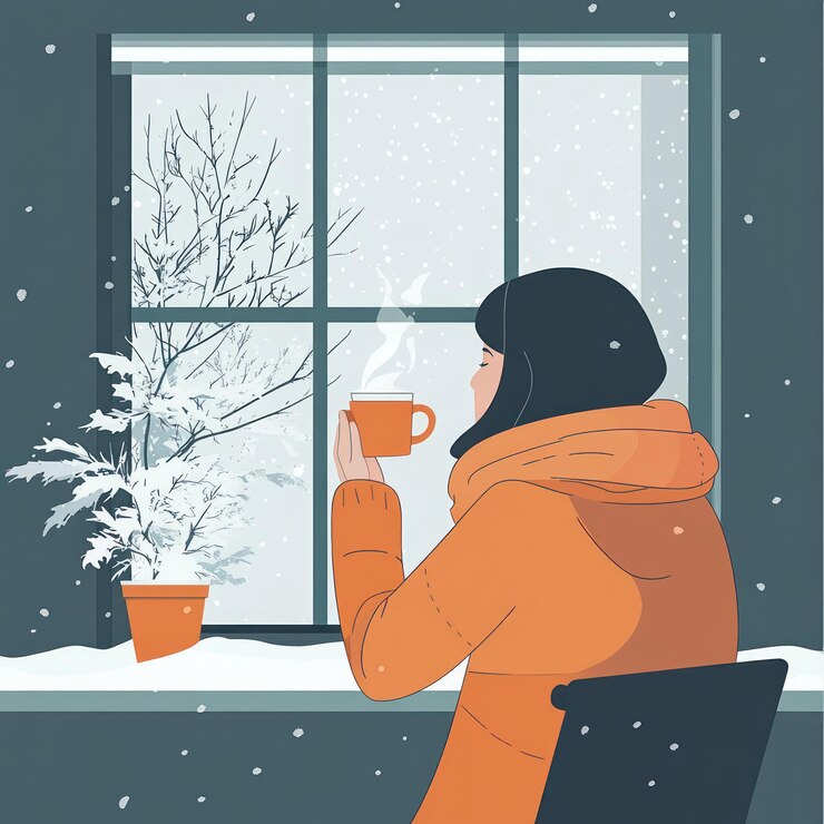 Una mujer disfrutando de una bebida caliente junto a la ventana en un día nevado