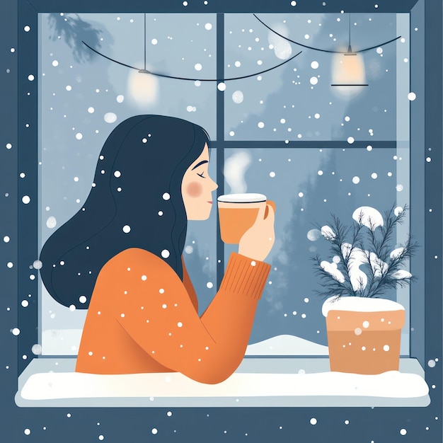 Una mujer disfrutando de una bebida caliente junto a la ventana
