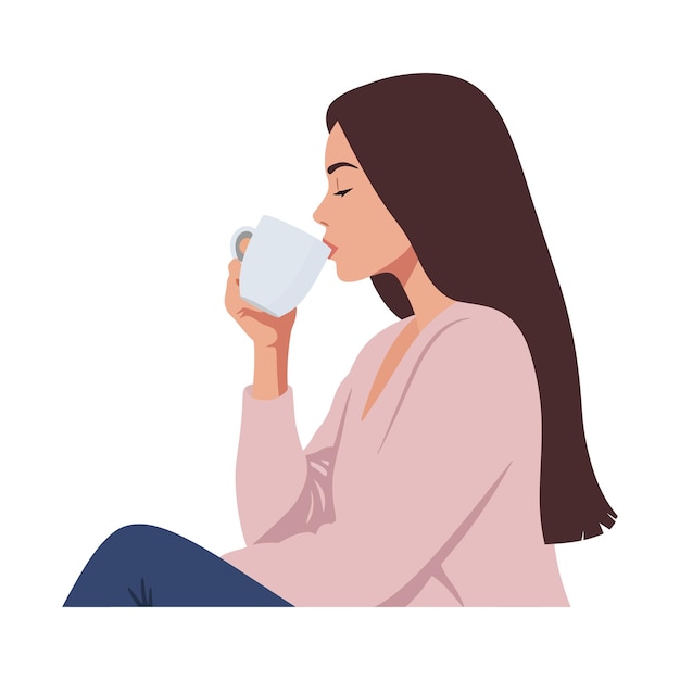 Mujer disfrutando de café en el arte vectorial de diseño plano minimalista