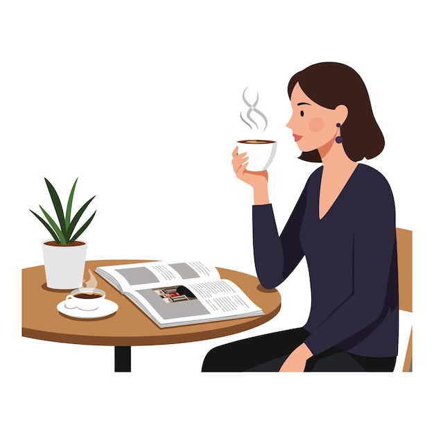 Una mujer disfrutando de un café mientras lee una revista en una mesa acogedora