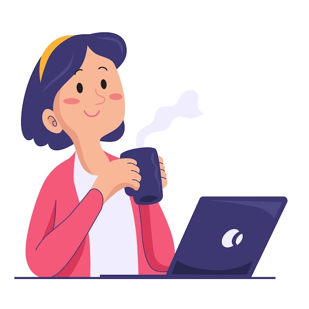 una mujer disfrutando de una taza de café caliente mientras trabaja en una laptop